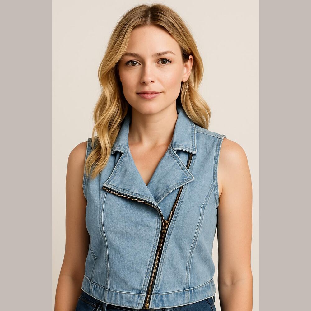 Cache Blue Denim Cotton Asymmetrical Zip Front Classic Moto Sleeveless Vest M